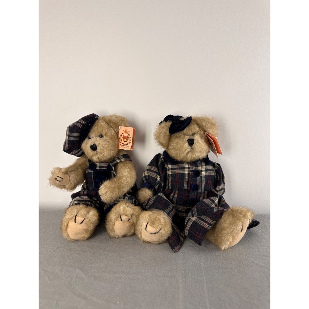 Bearington‎ Collection Plush Teddy Bear Set Plaid Outfit Navy Red Jointed 10in